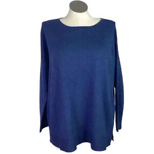 Eileen Fisher Sweater Women L Blue Merino Wool Scoop Neck Long Sleeve Lagenlook